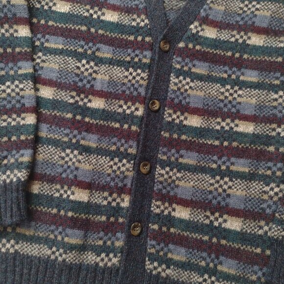 Vintage 90s Fair Isle Mens Shetland Wool Sweater M Blue Grandpa Cardigan - Picture 5 of 10